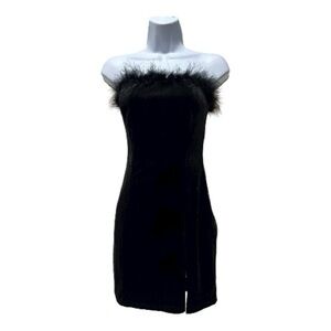 NWT Superdown Black Feather Trim Strapless Mini Dress Size M